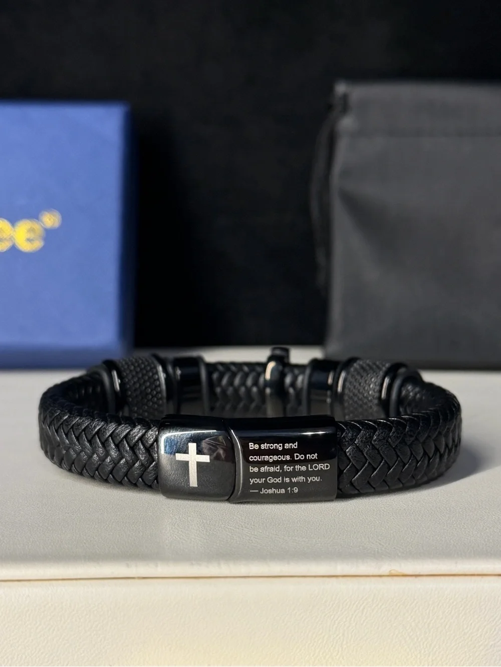 NIB Oaldilee Men's Braided Leather Joshua 1:9 Cross Bracelet